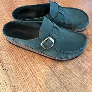 Birkenstock Green Suede Mules with Gold Buckle